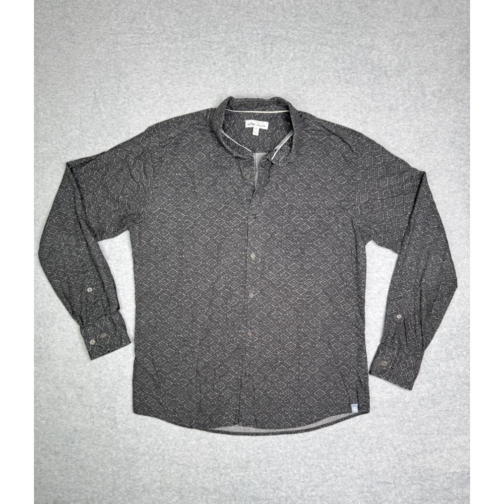 Peter Millar Snow Camp Cotton Sport Shirt Mens Grey Geometric Print Size M
